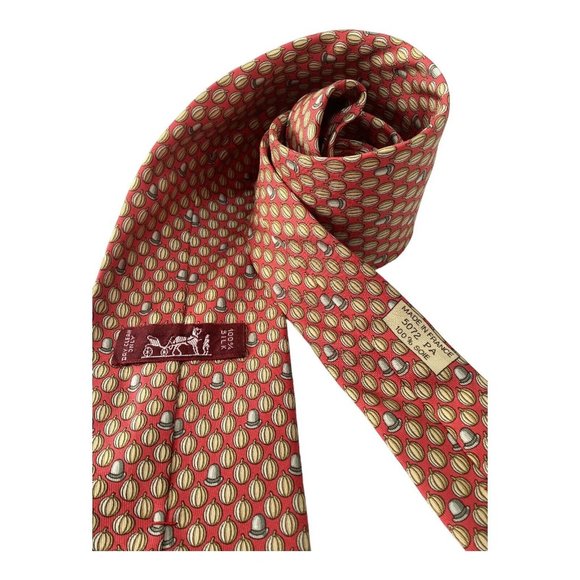 HERMÈS PARIS Orange Pumpkin Bowler Hat Silk Tie Made In  HERMÈS PARIS Orange Pumpkin Bowler Hat  Silk Tie Made In France 62\